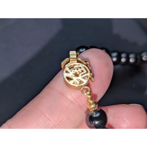 8mm Black Stone Beaded Hand Knotted Necklace 925 Vermeil Chinese Symbol Clasp - Picture 6 of 6